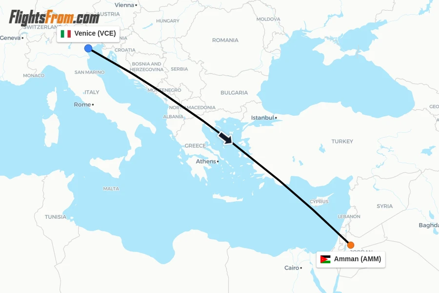 Flights from Venice to Amman route map