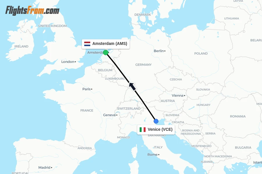 Flights from Venice to Amsterdam route map
