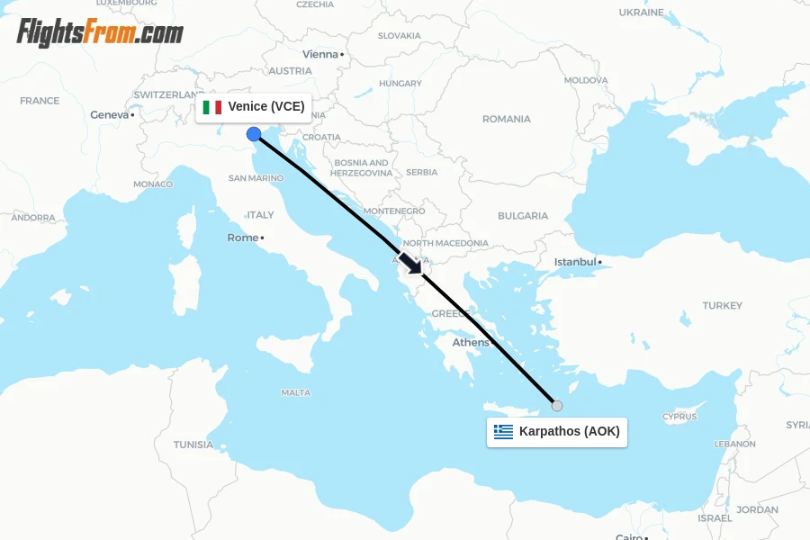 Flights from Venice to Karpathos route map