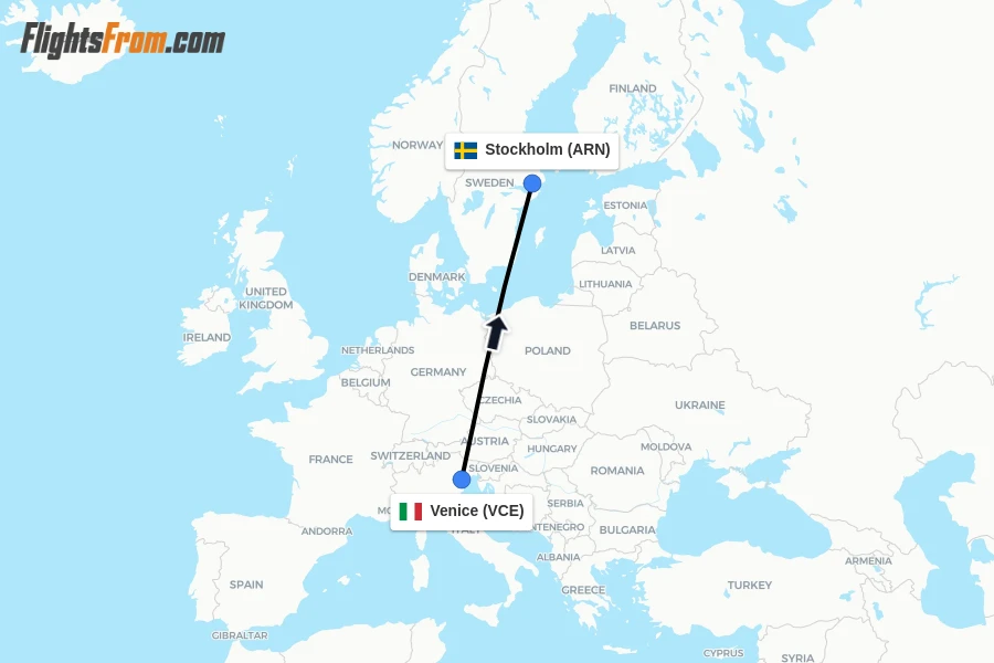 Flights from Venice to Stockholm route map