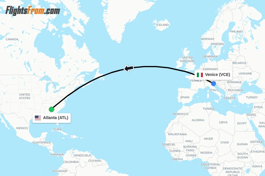 Flights from Venice to Atlanta route map
