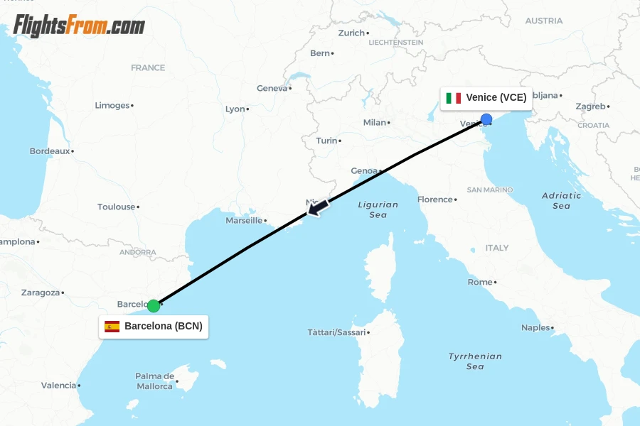 Flights from Venice to Barcelona route map
