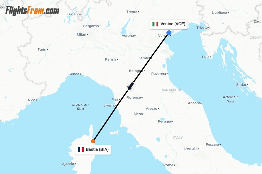 Flights from Venice to Bastia route map