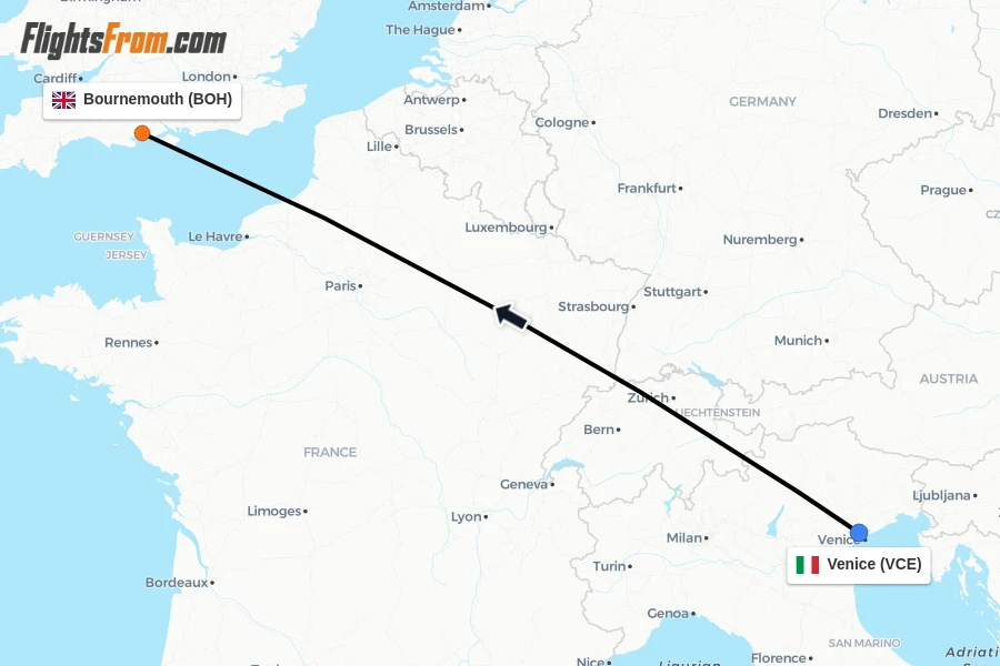 Flights from Venice to Bournemouth route map
