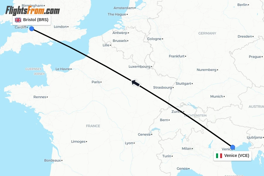 Flights from Venice to Bristol route map