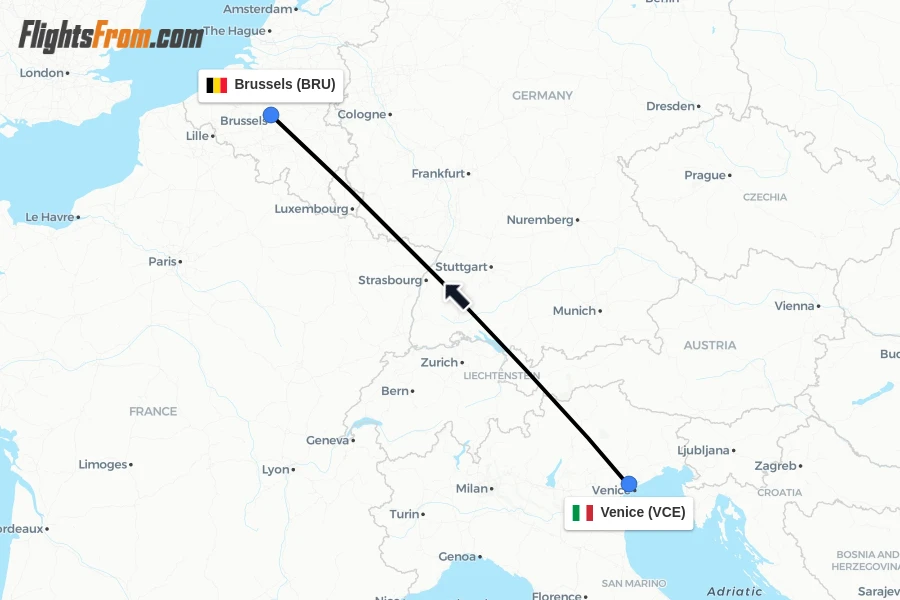 Flights from Venice to Brussels route map