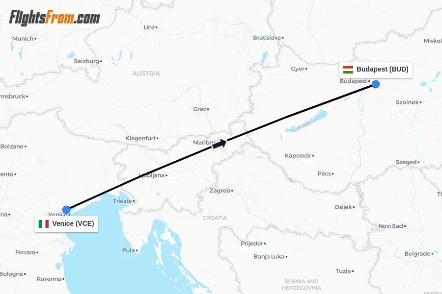 Flights from Venice to Budapest route map