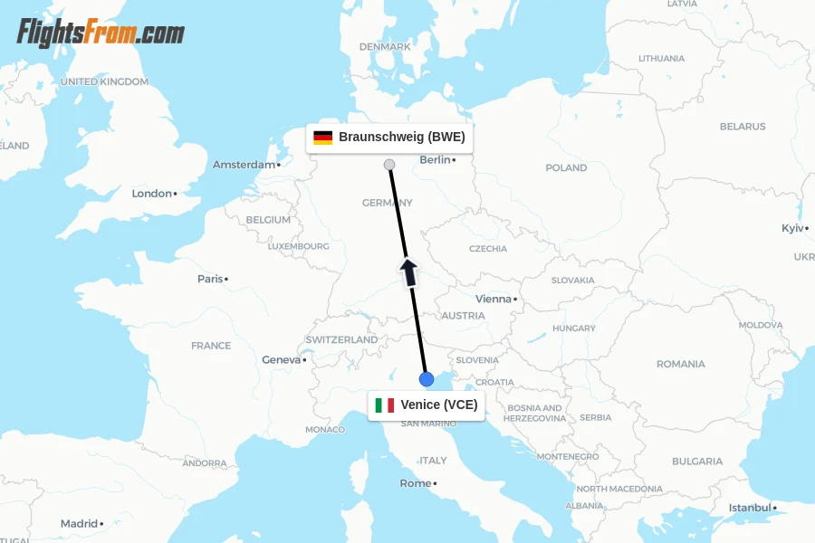 Flights from Venice to Braunschweig route map