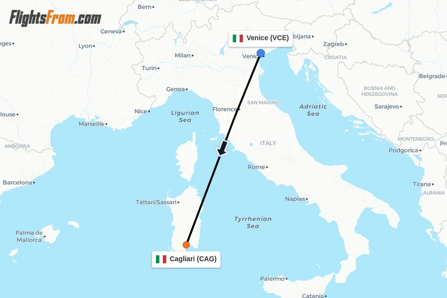 Flights from Venice to Cagliari route map