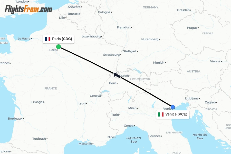 Flights from Venice to Paris route map
