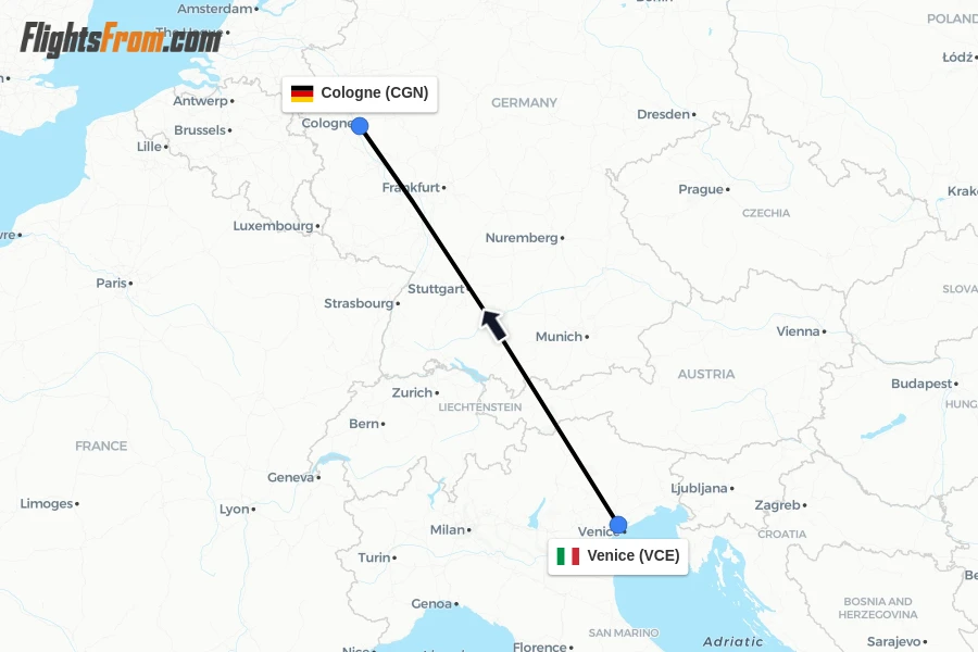 Flights from Venice to Cologne route map