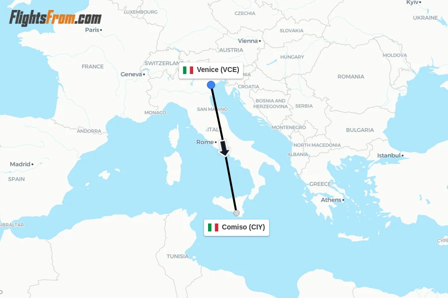 Flights from Venice to Comiso route map