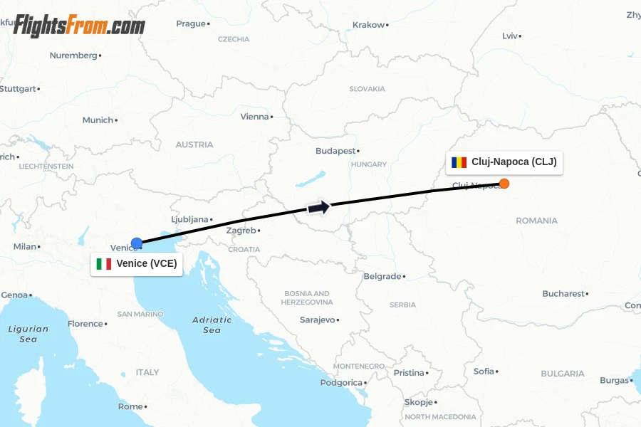 Flights from Venice to Cluj-Napoca route map