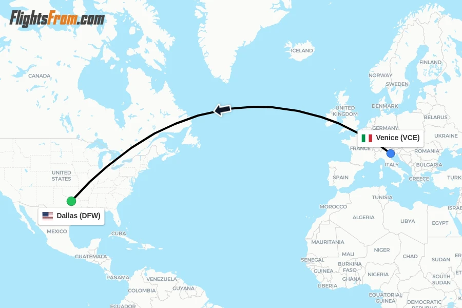 Flights from Venice to Dallas route map