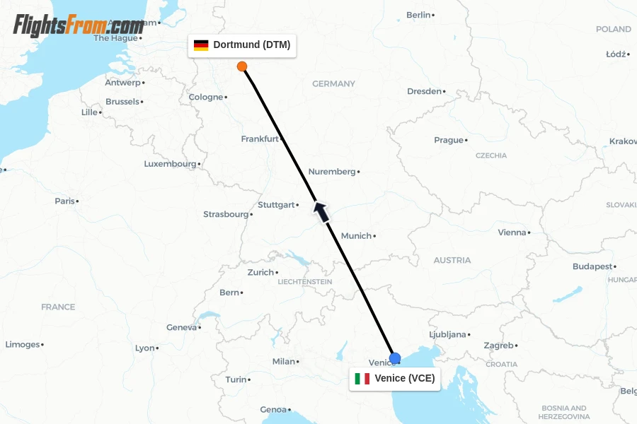 Flights from Venice to Dortmund route map
