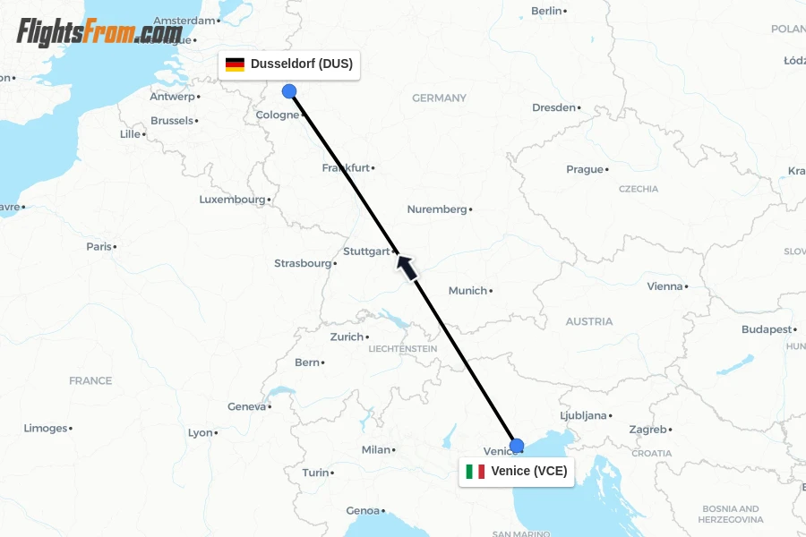 Flights from Venice to Dusseldorf route map