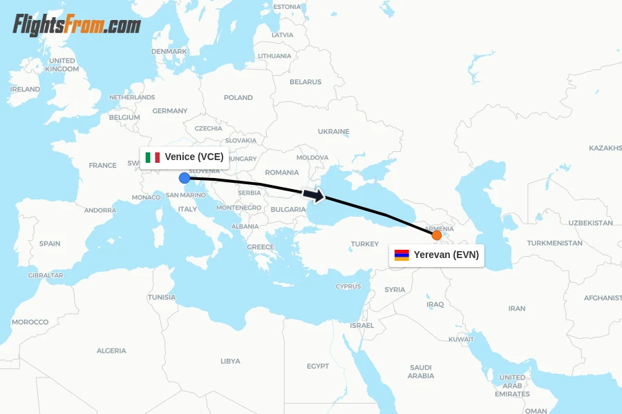 Flights from Venice to Yerevan route map