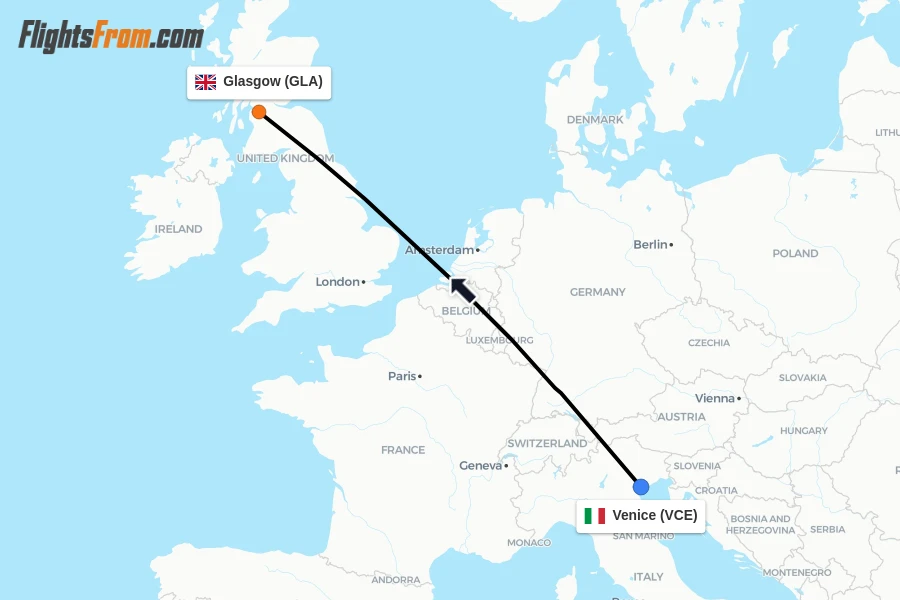 Flights from Venice to Glasgow route map