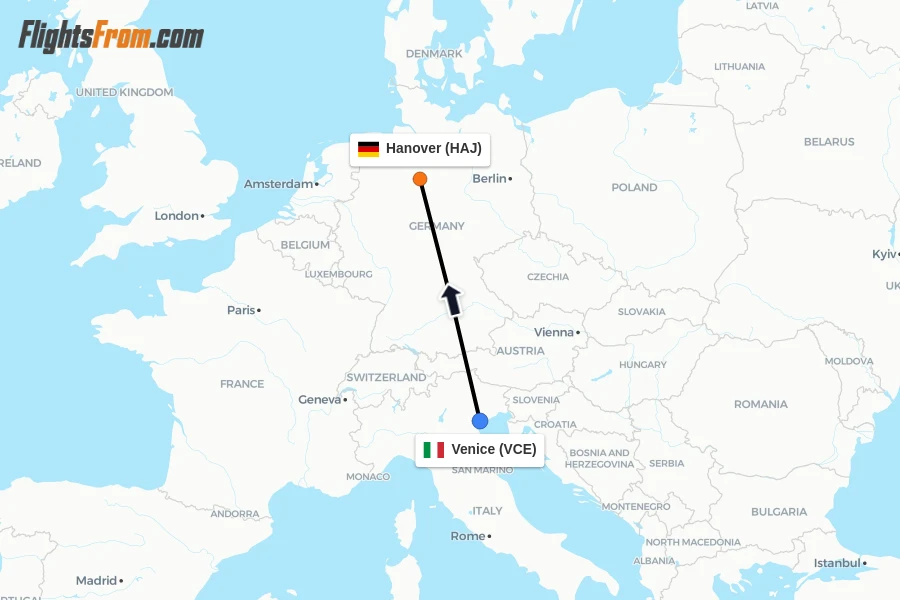 Flights from Venice to Hanover route map