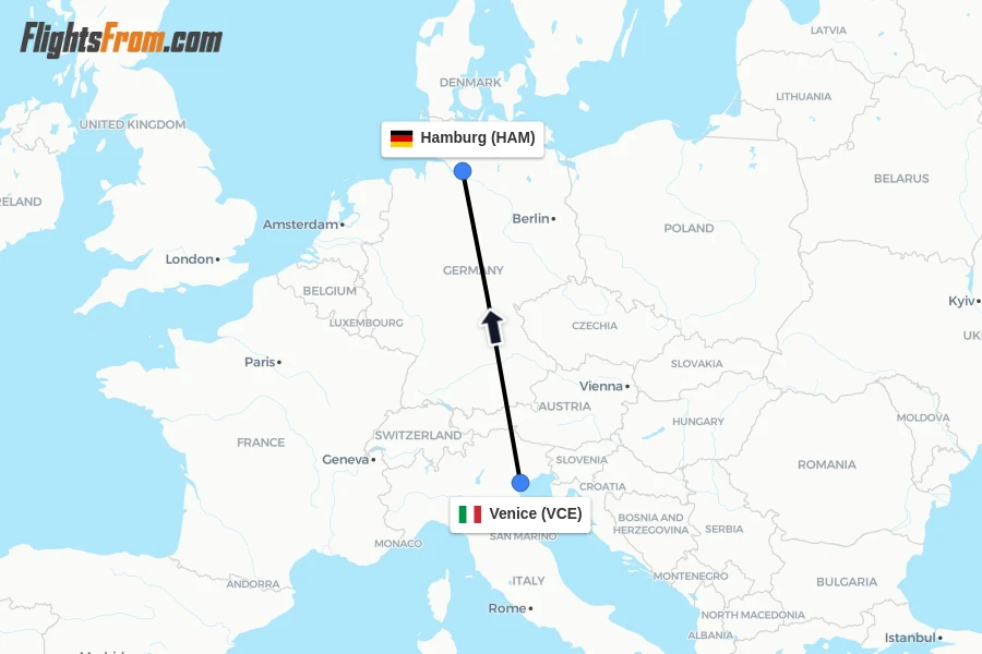 Flights from Venice to Hamburg route map