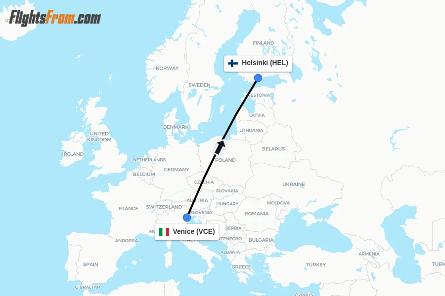 Flights from Venice to Helsinki route map