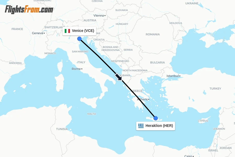 Flights from Venice to Heraklion route map