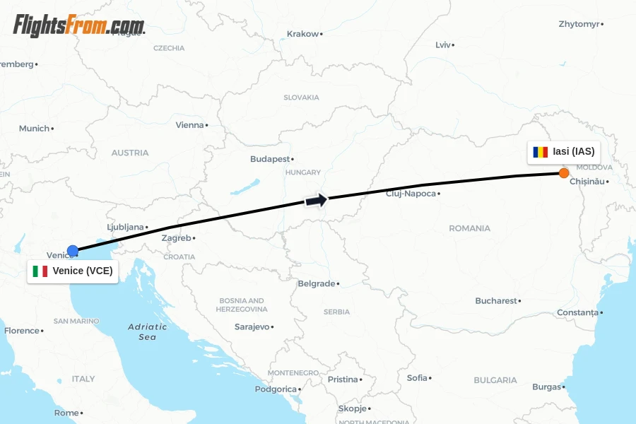 Flights from Venice to Iasi route map