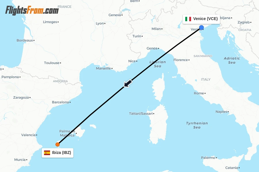 Flights from Venice to Ibiza route map