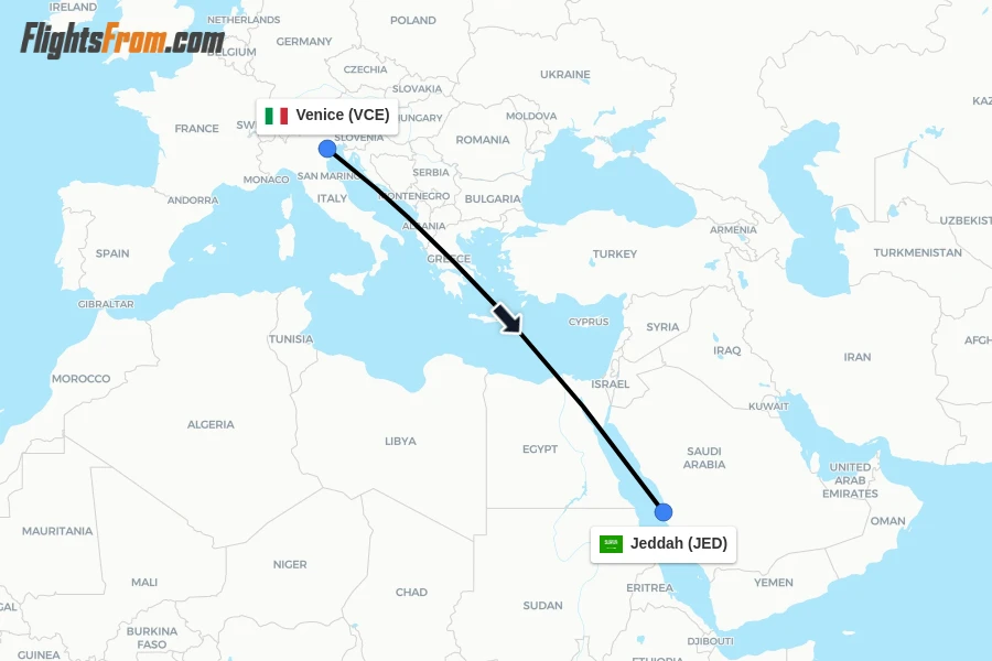 Flights from Venice to Jeddah route map