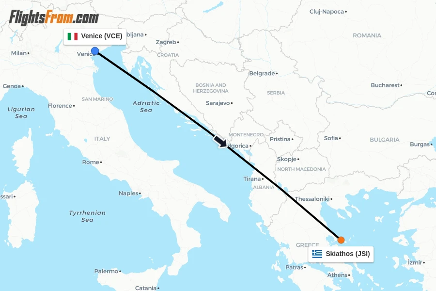 Flights from Venice to Skiathos route map