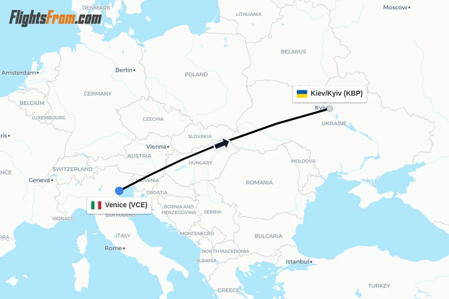 Flights from Venice to Kiev/Kyiv route map