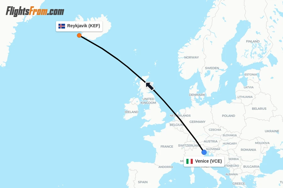 Flights from Venice to Reykjavik route map