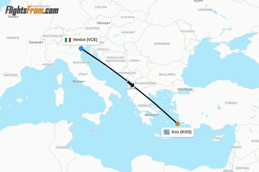 Flights from Venice to Kos route map