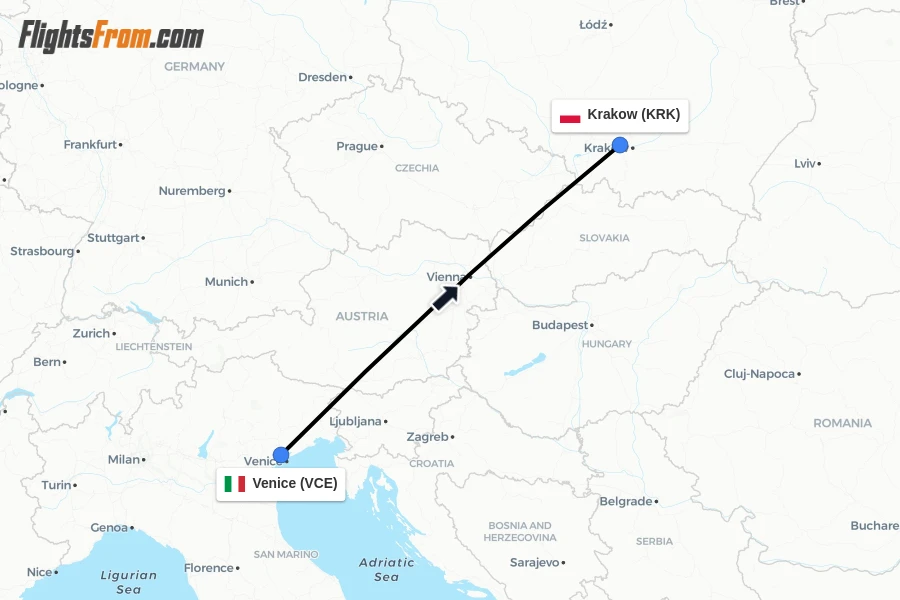 Flights from Venice to Krakow route map