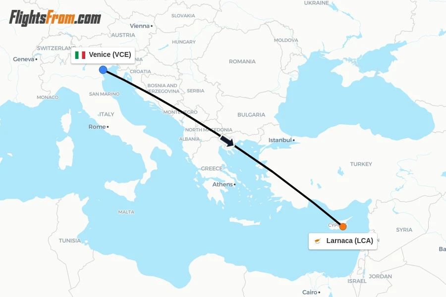 Flights from Venice to Larnaca route map