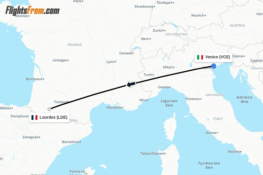Flights from Venice to Lourdes route map
