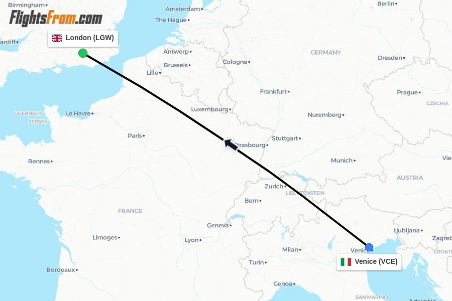 Flights from Venice to London route map