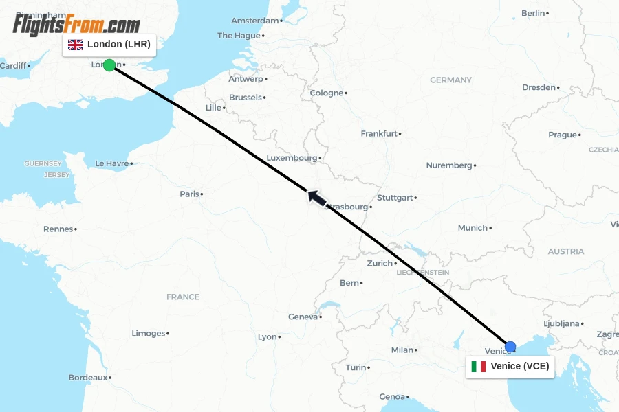 Flights from Venice to London route map