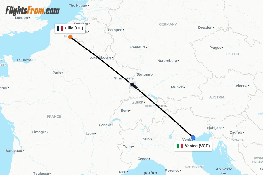 Flights from Venice to Lille route map