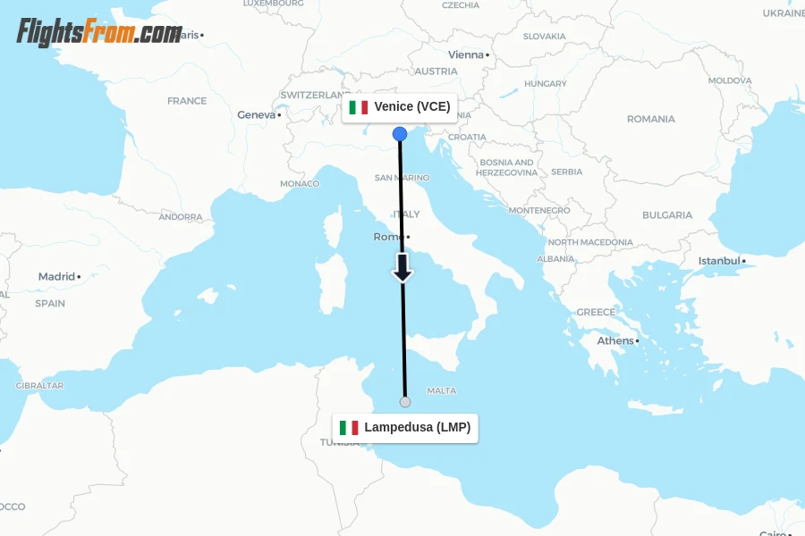 Flights from Venice to Lampedusa route map