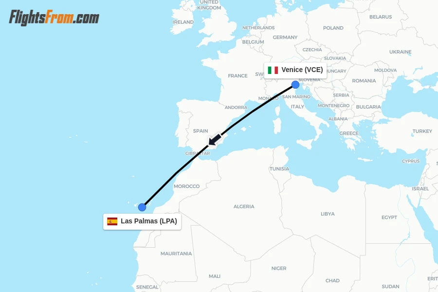 Flights from Venice to Las Palmas route map