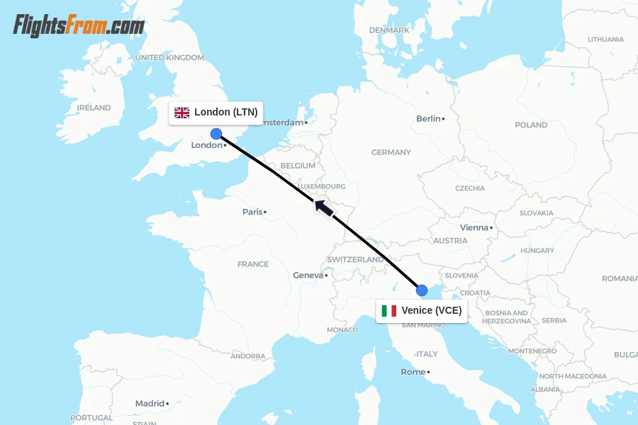 Flights from Venice to London route map