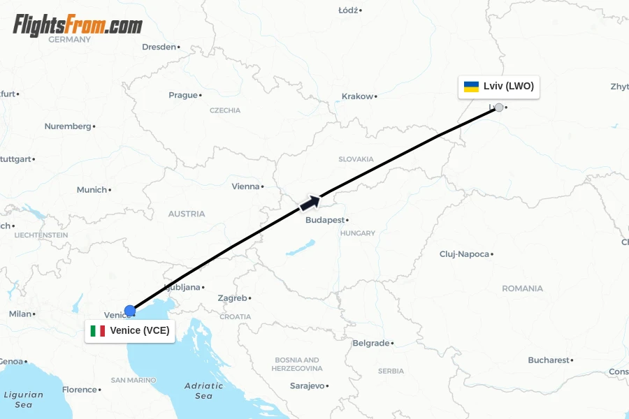 Flights from Venice to Lviv route map