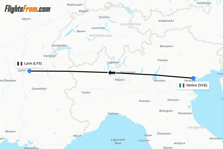 Flights from Venice to Lyon route map