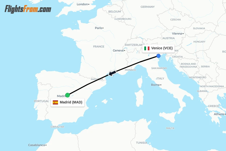 Flights from Venice to Madrid route map