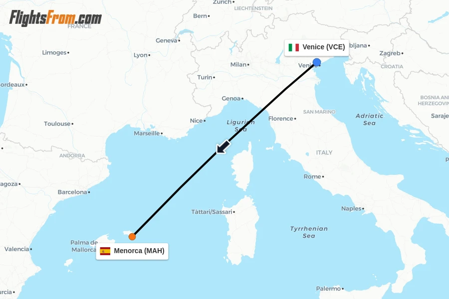 Flights from Venice to Menorca route map