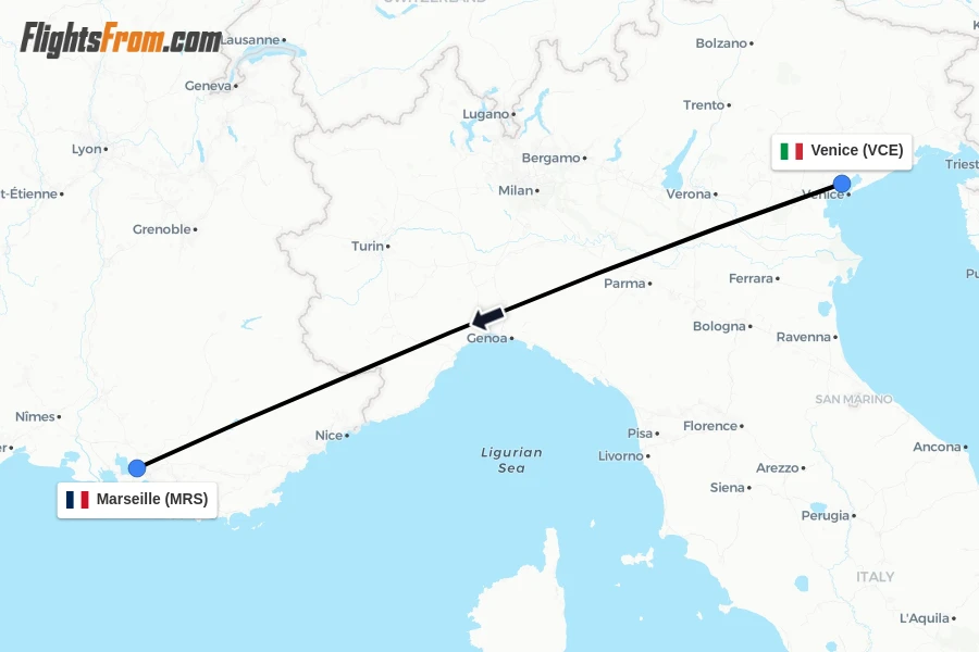 Flights from Venice to Marseille route map