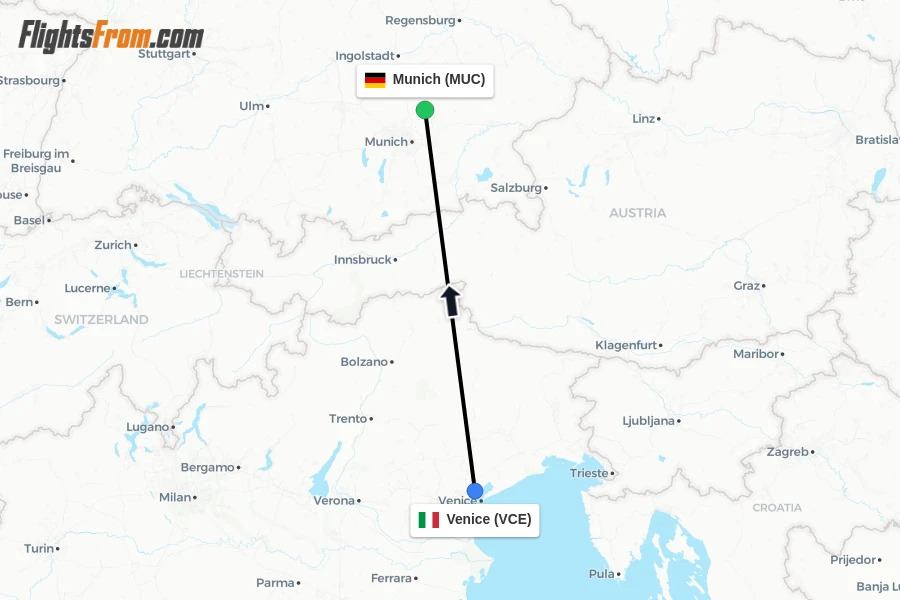 Flights from Venice to Munich route map