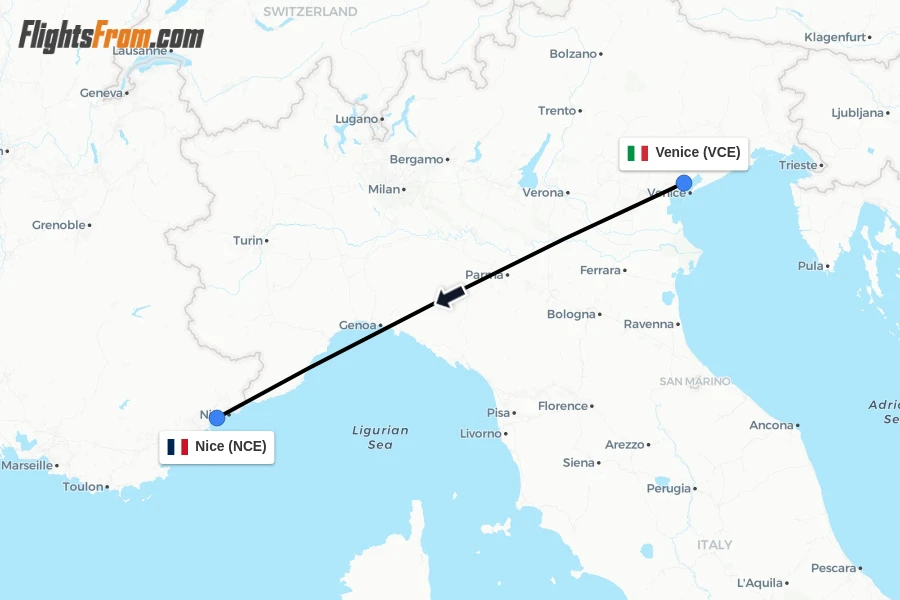 Flights from Venice to Nice route map