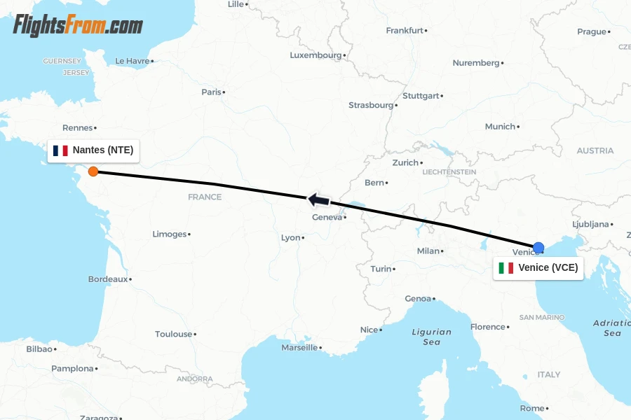 Flights from Venice to Nantes route map